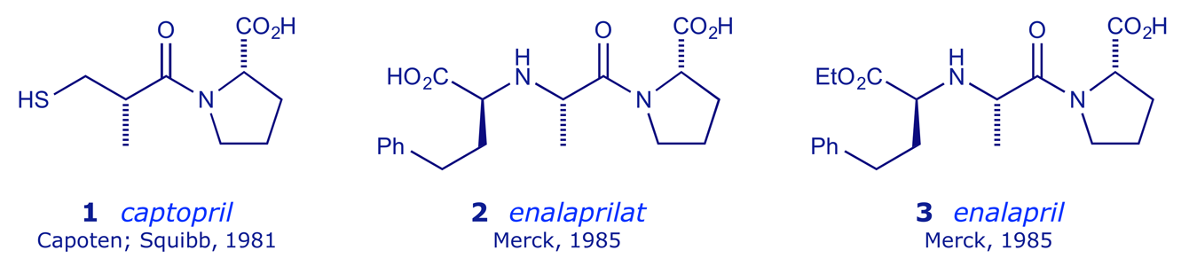 Structures of captopril, enalaprilat and enalapril