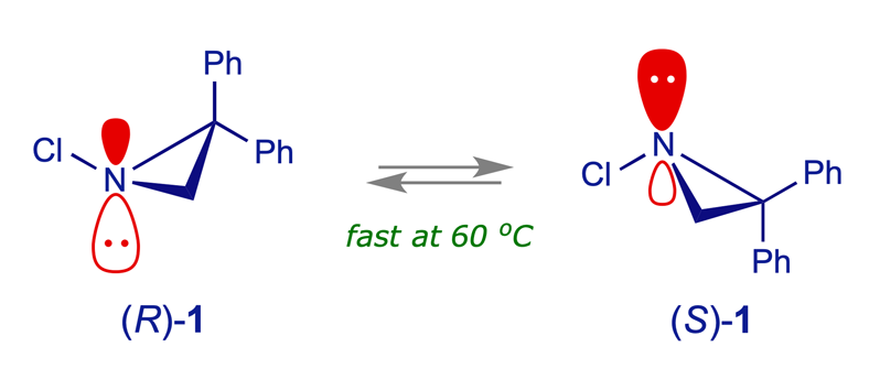 Stereochemical inversion of pyramidal nitrogen in 1-chloro-2,2-diphenylaziridine