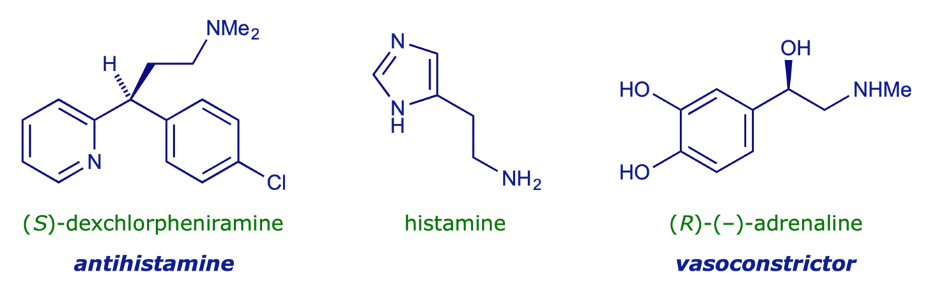 Structures of dexchlorpheniramine, histamine and adrenoline